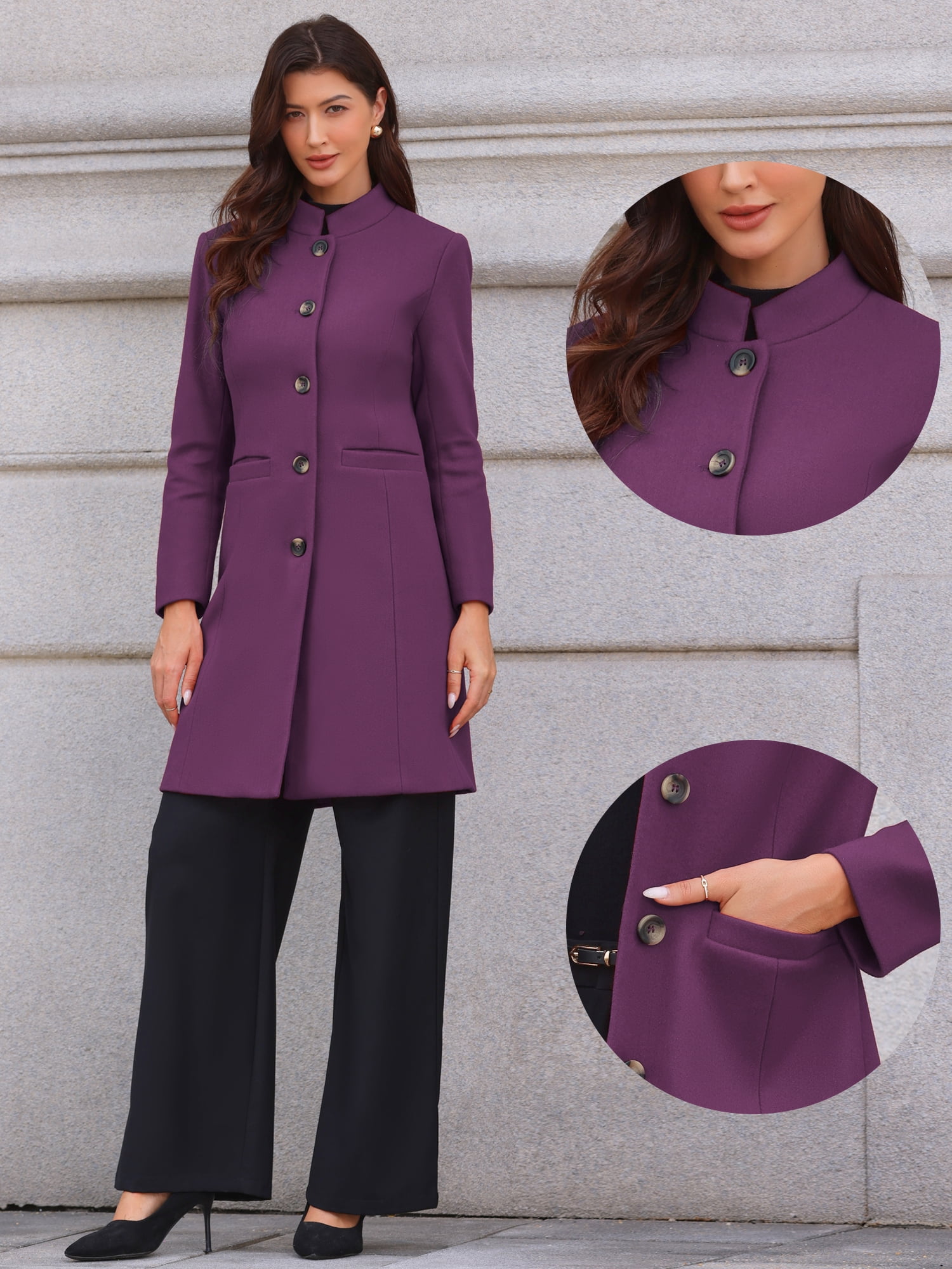 DARING DIVA Women's Stand Collar Mid-Length Overcoat with Pockets L Purple