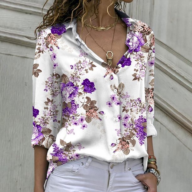 Puntoco moda mujer botón Casual Turn-Down cuello impreso manga larga tops camisa Puntoco Puntoco-1547