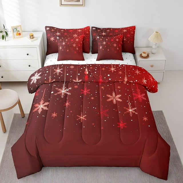 YST Christmas Snowflake Print 7-Piece Bedding Set, Twin Size, Merry Xmas Comforter Set, Winter Seasons