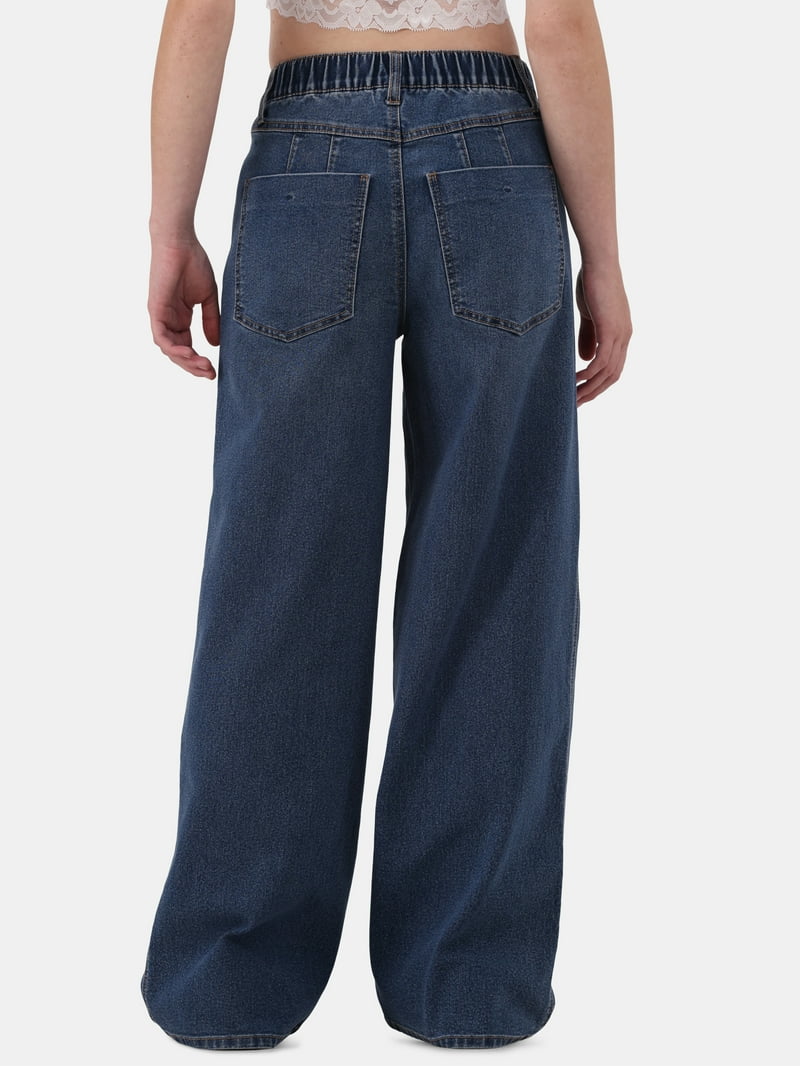 No Boundaries Women's Baggy Wide Leg Jeans, Elastic High Rise