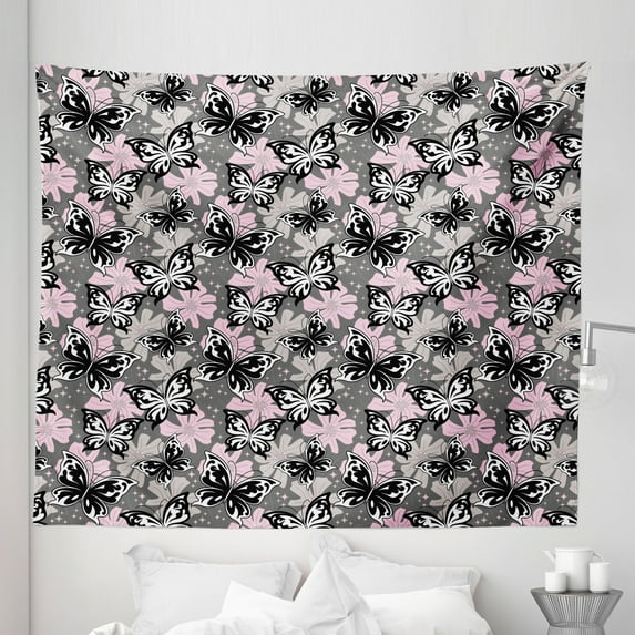 Butterfly Tapestry, Ornamental Romantic Summer Vegetation Vibrant Backdrop Monochrome Animals, Fabric Wall Hanging Decor for Bedroom Living Room Dorm, 5 Sizes, Taupe Pink Black, by Ambesonne