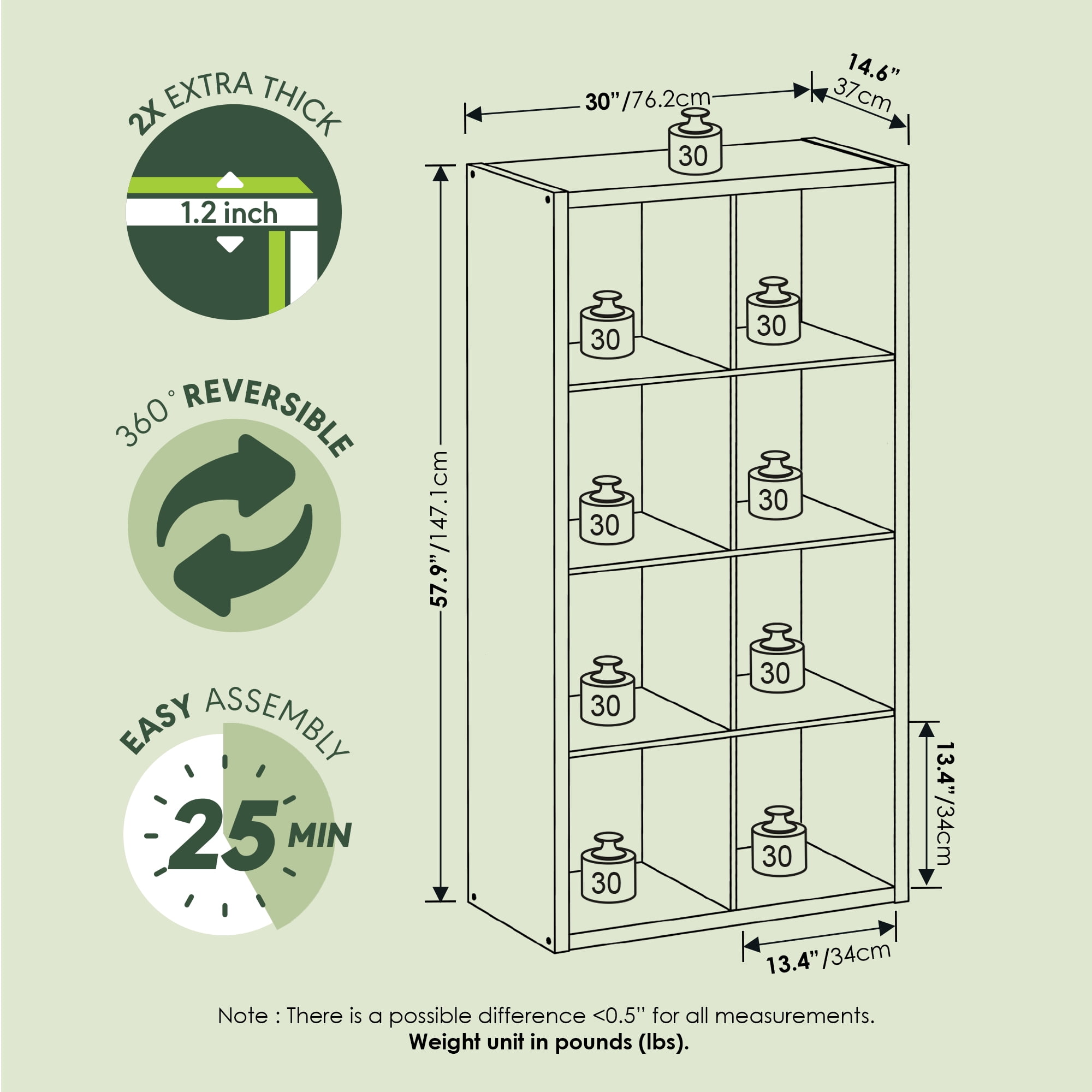 Furinno CUBICLE Book Shelf, 8-Cube Thick Frame Bookshelf, Horizontally & Vertically Reversible Bookcase with Open Back, 14.6" x 30" x 57.9", for Living Room, Bedroom, Home Office, Sage Green
