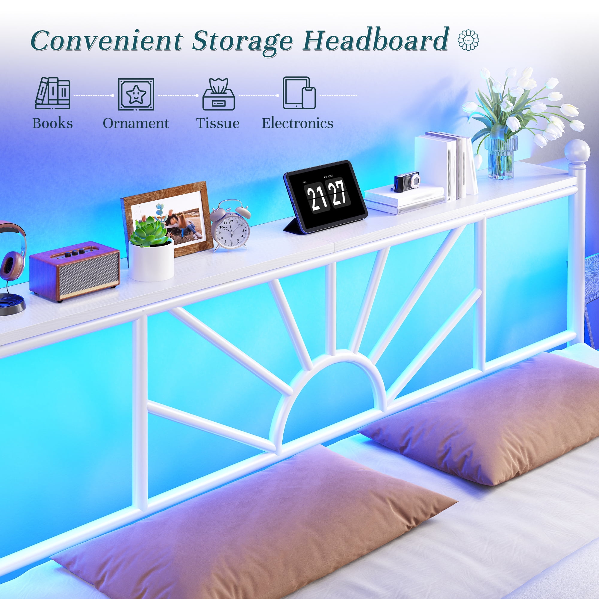 EnHomee King Size Metal Bed Frame with Vintage Headboard & Footboard Metal Platform Bed Frame King with LED Lights & Storage, Noise Free, White