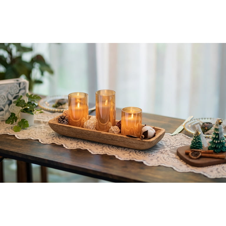 Hanobe Decorative Wood Dough Bowl Long Wooden Centerpiece Table Decorations Natural Candle Holder Tray Decor Rustic Uncolored Centerpieces for Dining