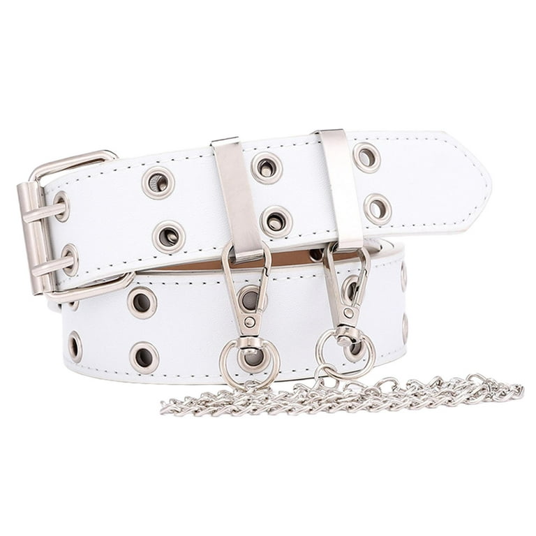 Double Grommet Belt for Women Men PU Leather Double Prong Buckle Vintage  Punk Jeans Belts White 