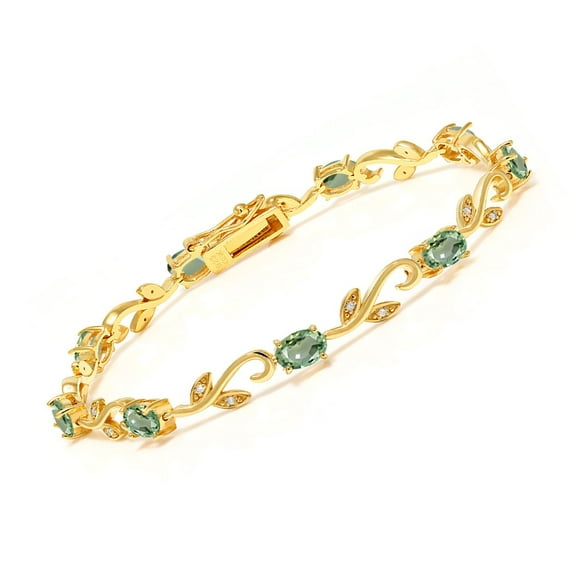 Gem Stone King 5.08 Ct Oval Green Sapphire White Diamond 18K Yellow Gold Plated Silver Tennis Bracelet for Women
