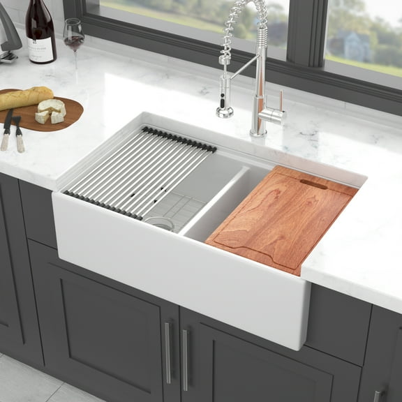 White Farmhouse Sink Workstation - 33 x 20 x 10 inch White Porcelain Ceramic Double Bowl Farm Kitchen Sink