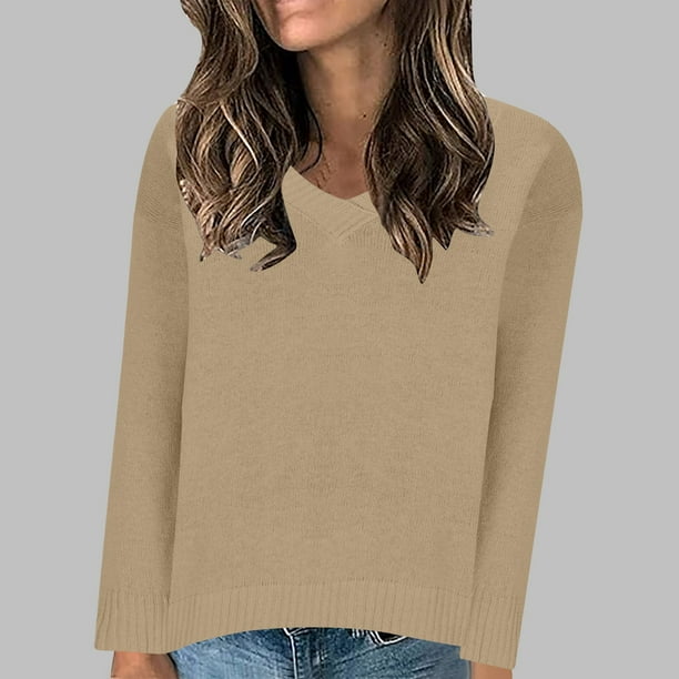 Suéter de cuello en V para mujer, jersey de manga larga de color liso con cuello en V, suéter informal de moda, top de poliéster para mujer