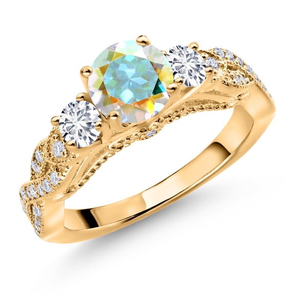 Gem Stone King 18K Yellow Gold Plated Silver Mercury Mist Mystic Topaz White Lab Grown Diamond and White Moissanite Engagement Ring for Women (1.47 Cttw, Gemstone, Round 6MM and 3MM, Size 7)