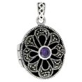 thumbnail image 1 of Sterling Silver Natural Amethyst Oval Locket Marcasite Floral, 1 of 2