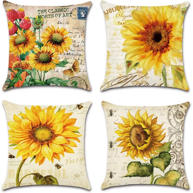 Fundas De Cojínes De Algodón Y Lino Doble Lado Girasoles 4 Pz