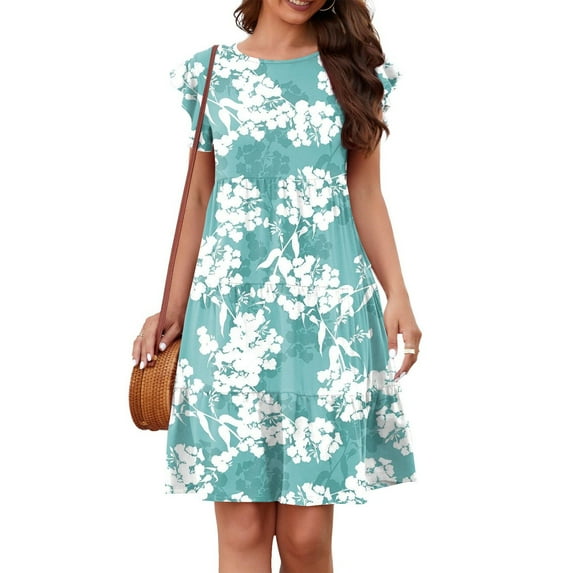 Pop Seller Summer Beach Dress For Women Casual Round Neck Tunic Ruffle Short Sleeve A-Line Tiered Babydoll Dress Flowy Mini Dress Light Blue 2XL