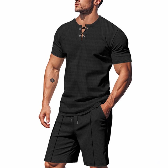 Eres Más Que una Prueba Puntuación Camisa Hombres Moda Cordón de Color Sólido Manga Corta Blusas con Cuello en V Conjunto de Cintura Elástica