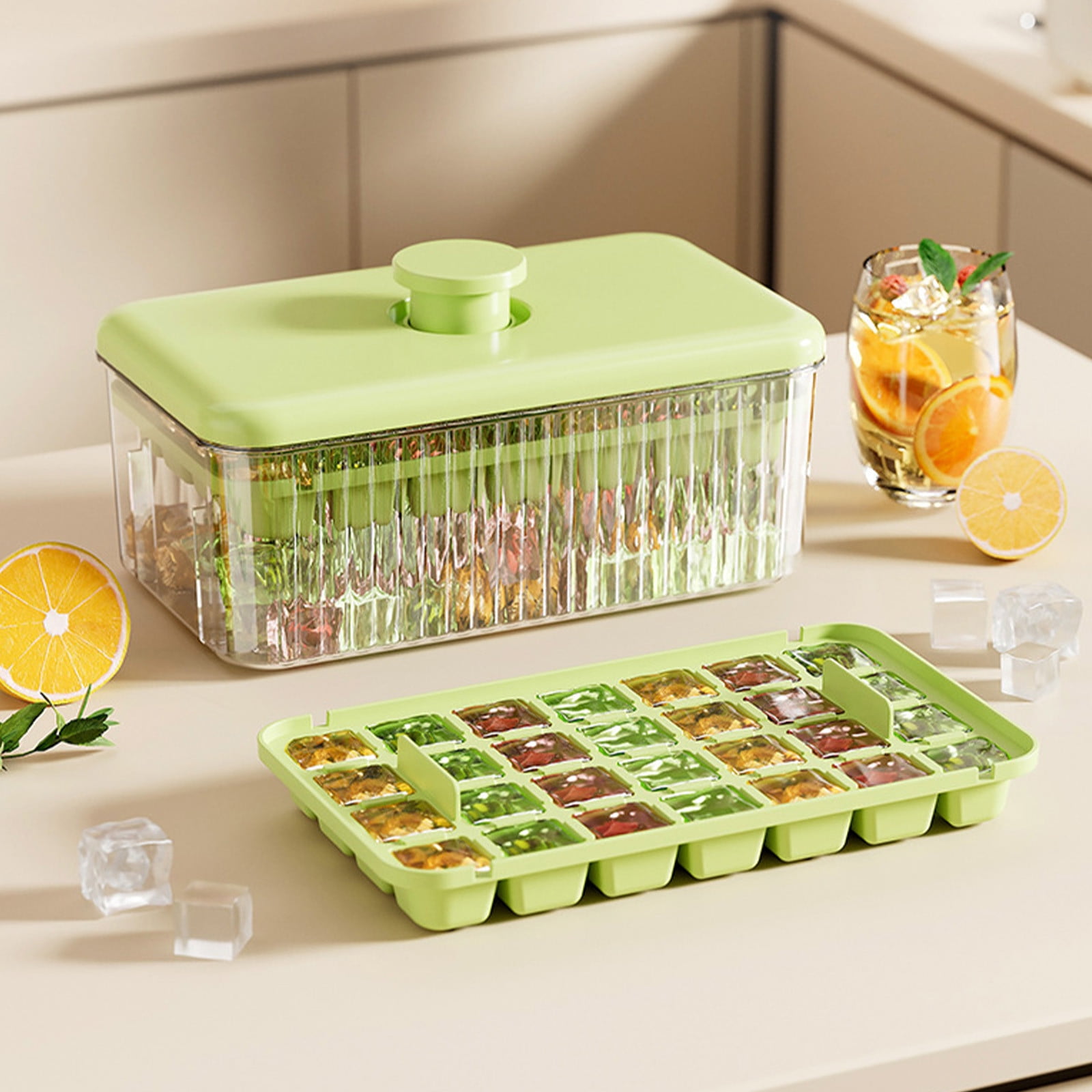Fufafayo 2Pcs Double Layer Ice Tray, Press Type Ice Maker for Homemade Ice Cubes, Large Capacity Ice Making Box with Ice Shovel for Refrigerator, Kitchen or Freezer, Easy Release Stay Cool Design