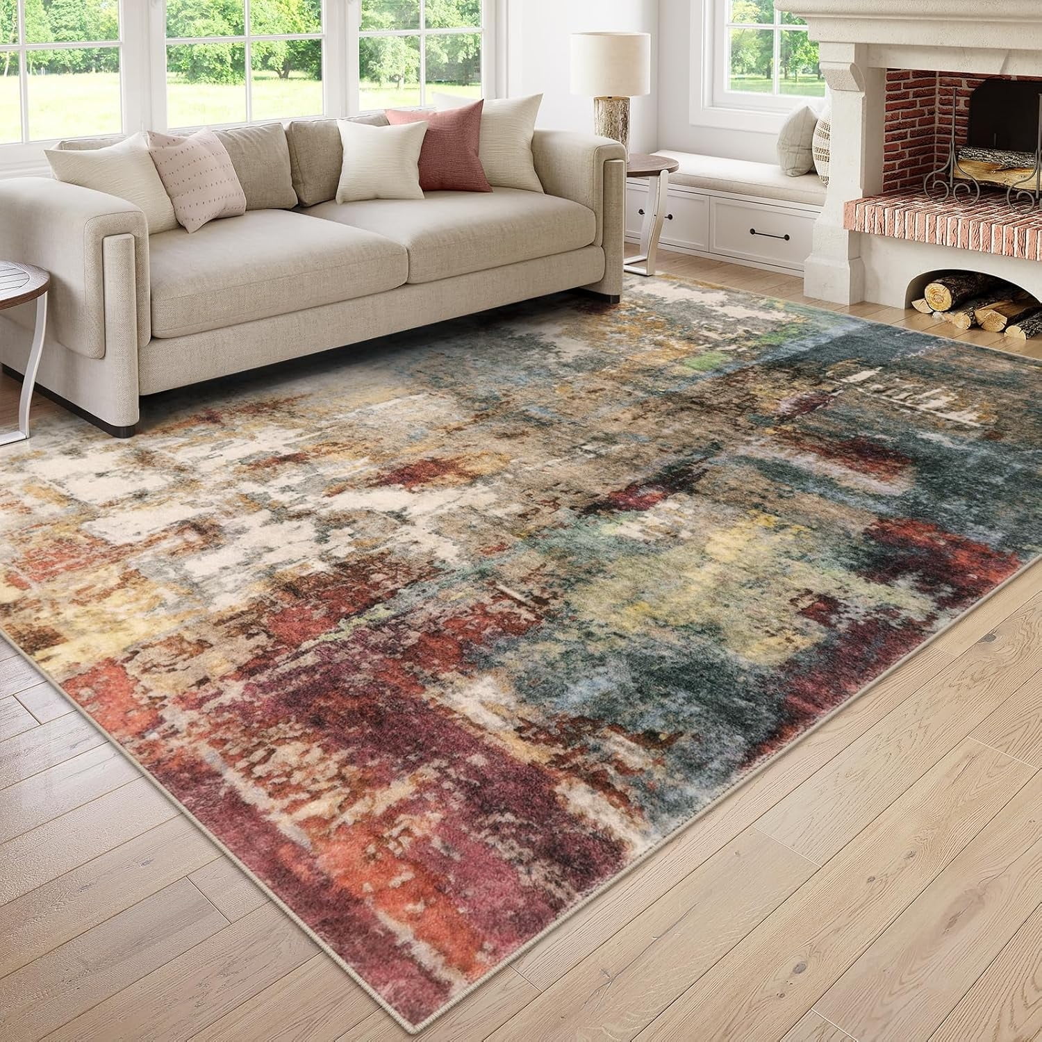 Moynesa 8'x10' Area Rug for Living Room Machine Washable Rugs Modern Abstract Low Pile Soft Mat Large Indoor Non-Slip Accent Carpet for Dining Room Table Apartment,Red