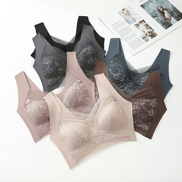 opvise Women Brassiere Plus Size Seamless Lace Mesh Breathable Breast  Support Wide Shoulder Strap Padded No Constraint Lady Bra Inner Wear  Clothes