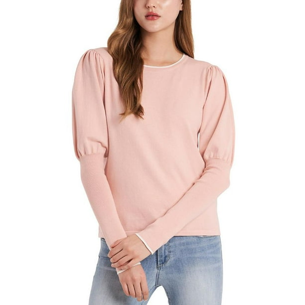 Riley & Rae Womens Puff Sleeves Knit Crewneck Sweater Pink XS