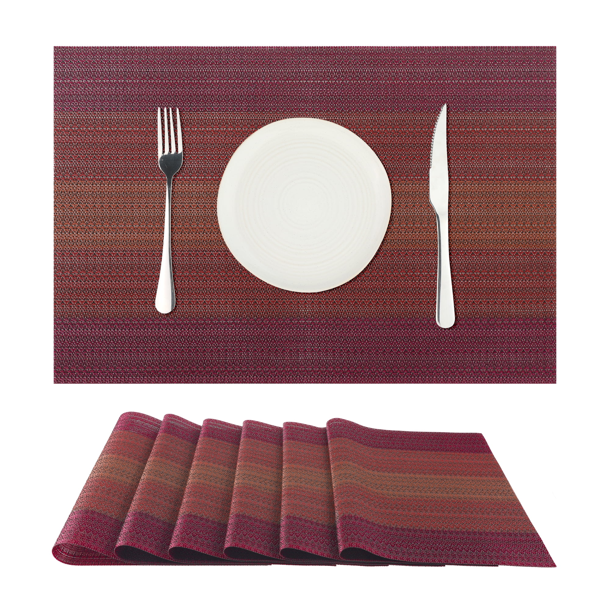 Unique Bargains Placemats Set of 6 Vinyl Place Mats for Dining Table Weave Table Mats 18" x 12" DarkRed
