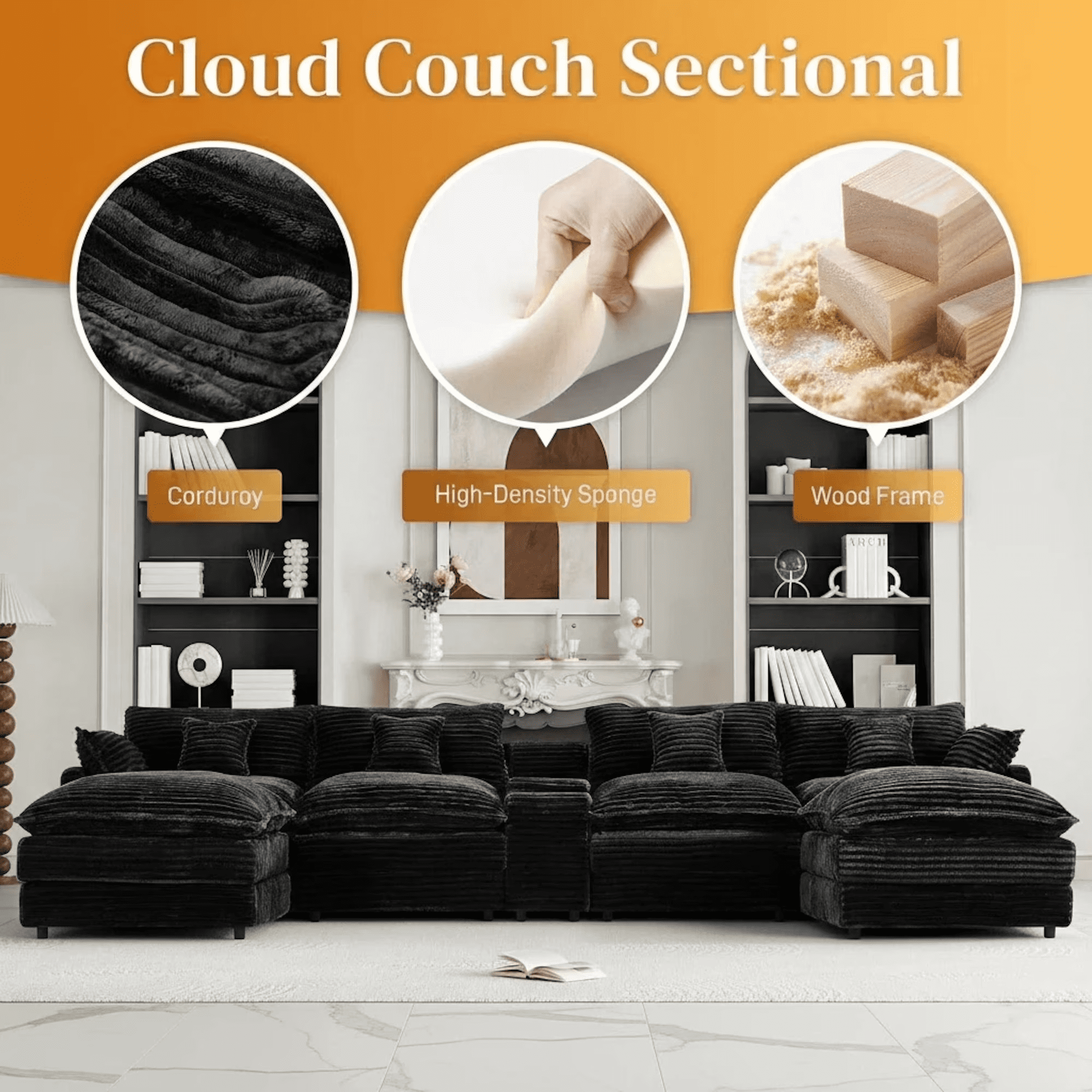 Howcool 145" U Shaped Cloud Couch Modular Sectional Couches for Living Room,Comfy Fluffy Corduroy Oversized Cloud Sectional Couch Large 6 Seat Sectionals Sofa Set Central Console USB Port,Black