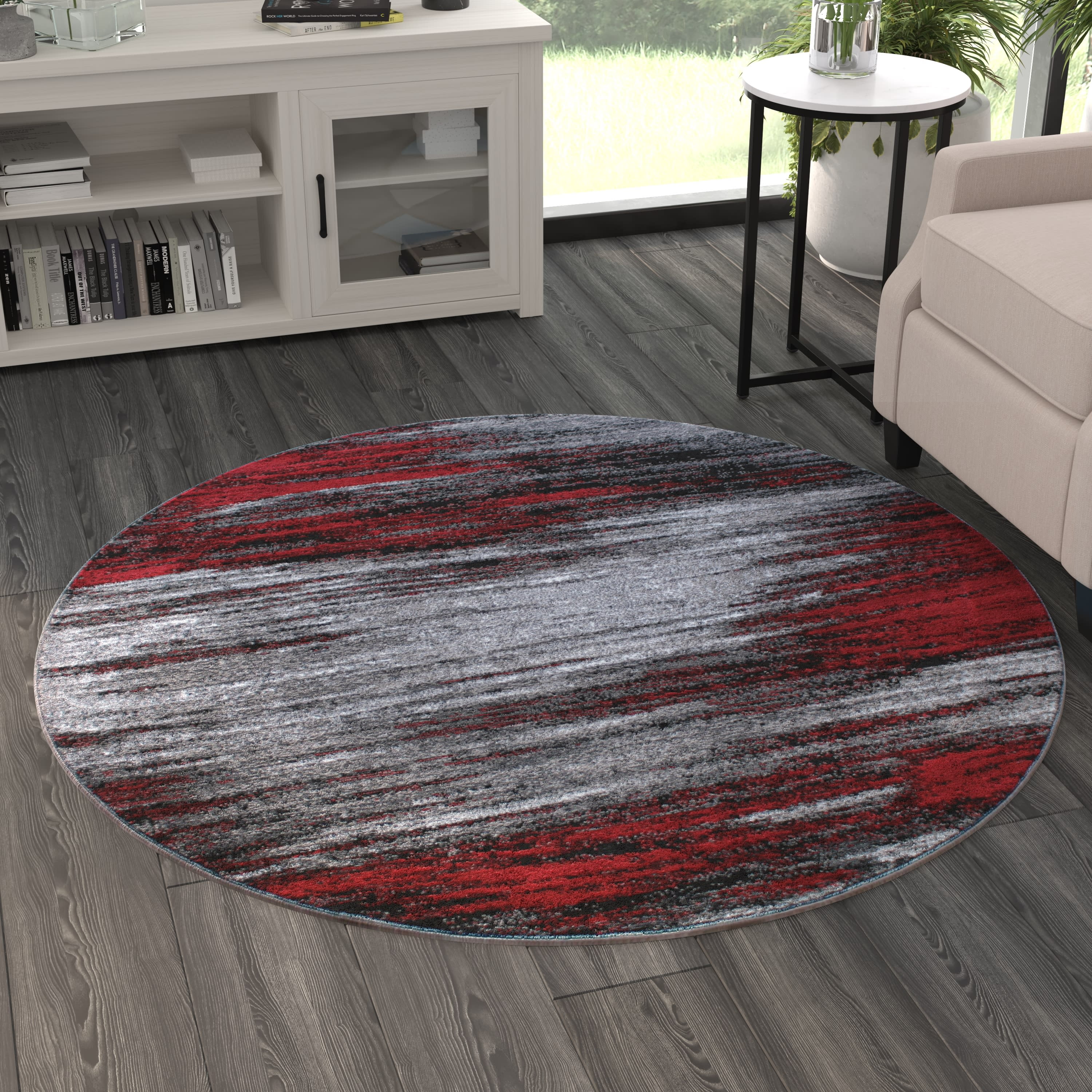 BizChair Modern Contemporary Round Area Rug, Red Grey Black (5 Feet X 5