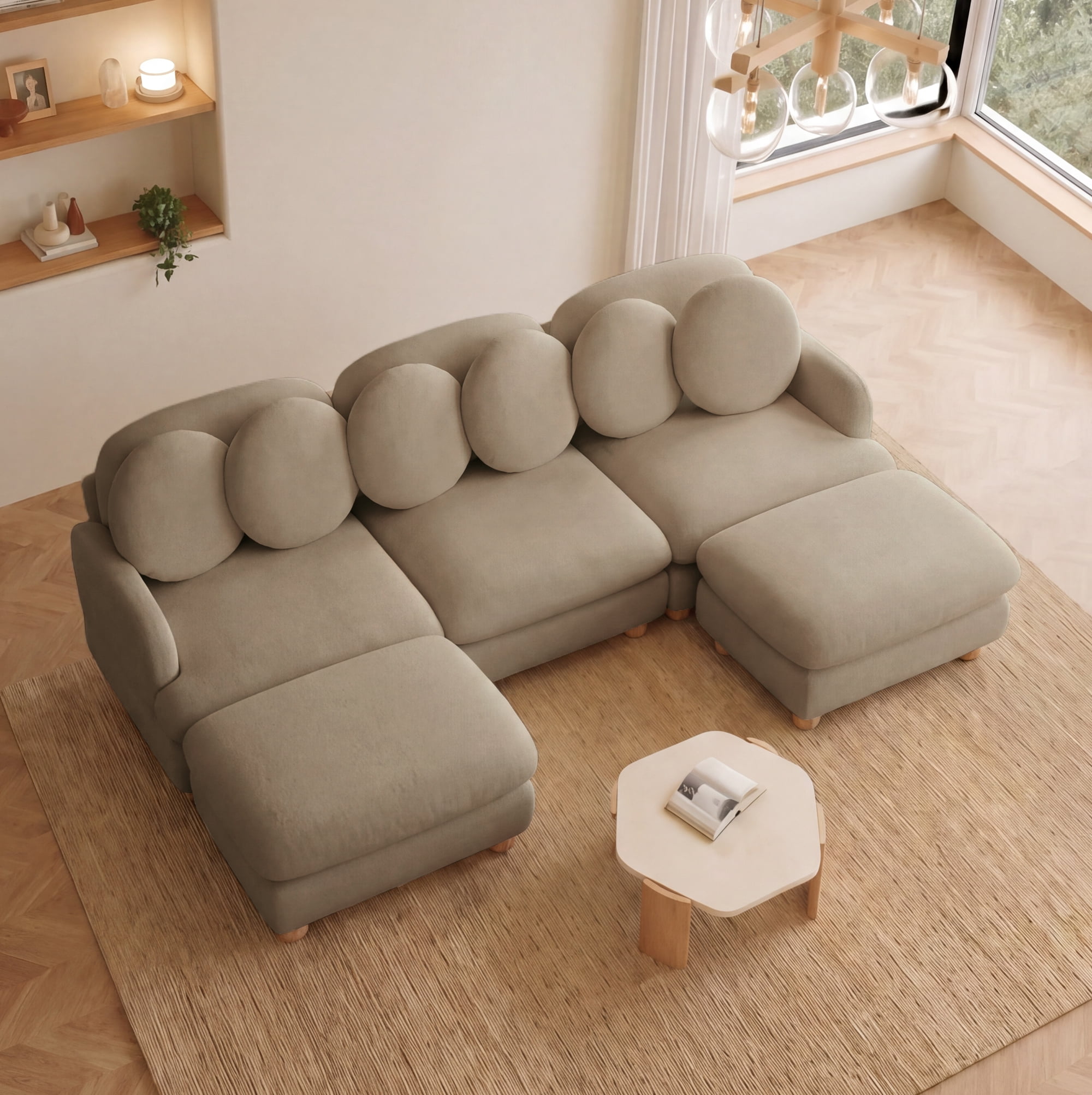 95" U-shaped 5 Seater Chenille Modular Sectional Sofa Couch with 6 Throw Pillows and 2 Ottoman