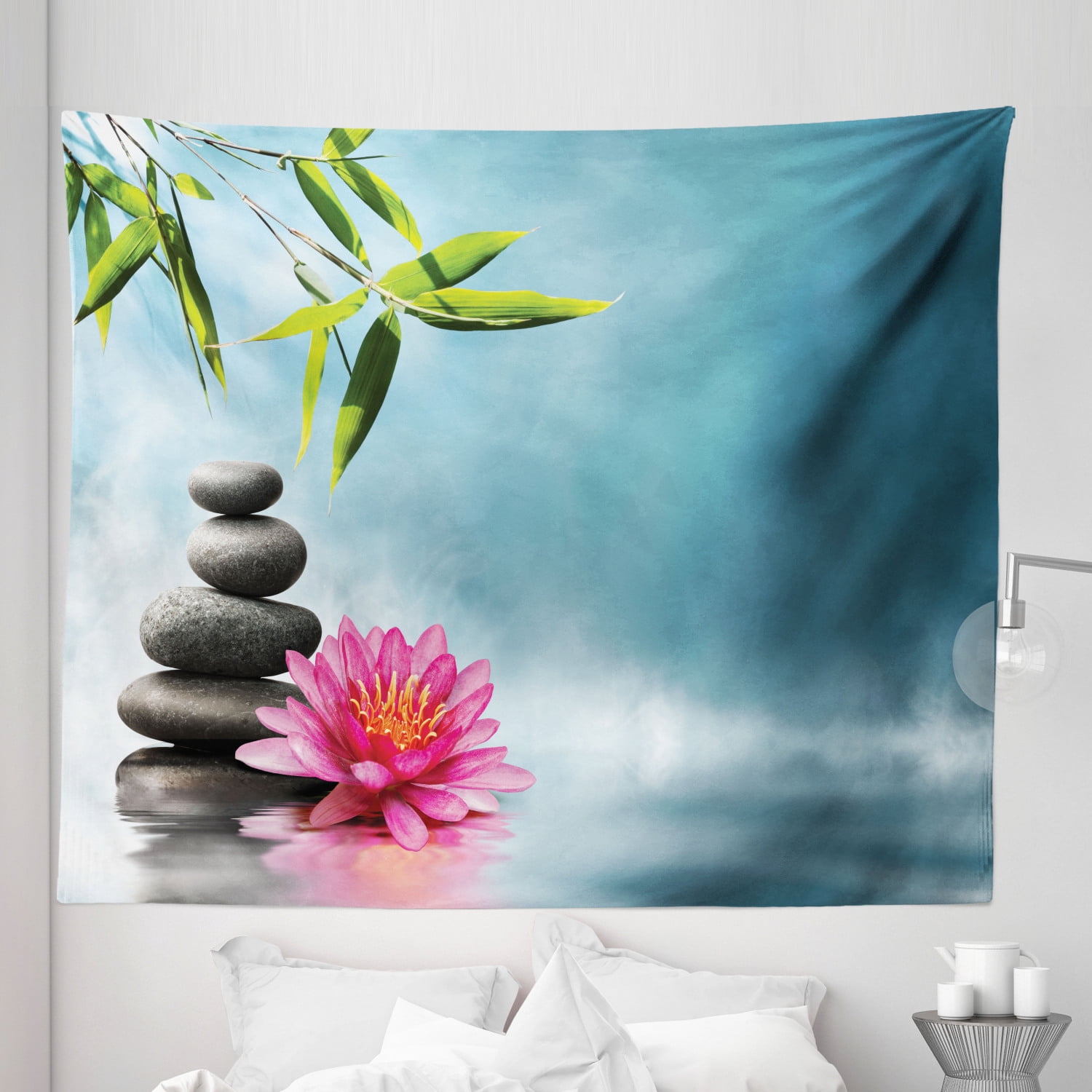 Lotus Flower Tapestry Theme Lily Lotus Flower and Rocks Yoga Style Purifying Your Soul Theme Fabric Wall Hanging Decor for Bedroom Living Room Dorm 5 Sizes Blue Pink Green by Ambesonne