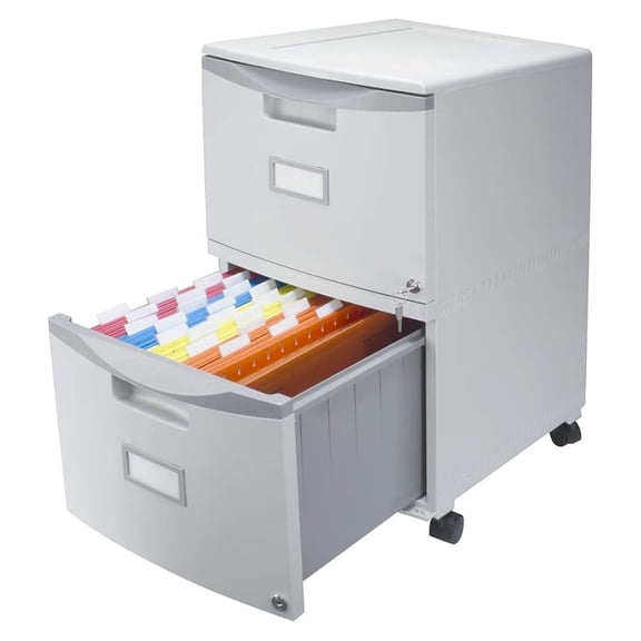 Plastic Two-Drawer File Cabinet – Locking Document Organizer with Casters for Home and Office, Gray, 1-Pack (61310B01C)