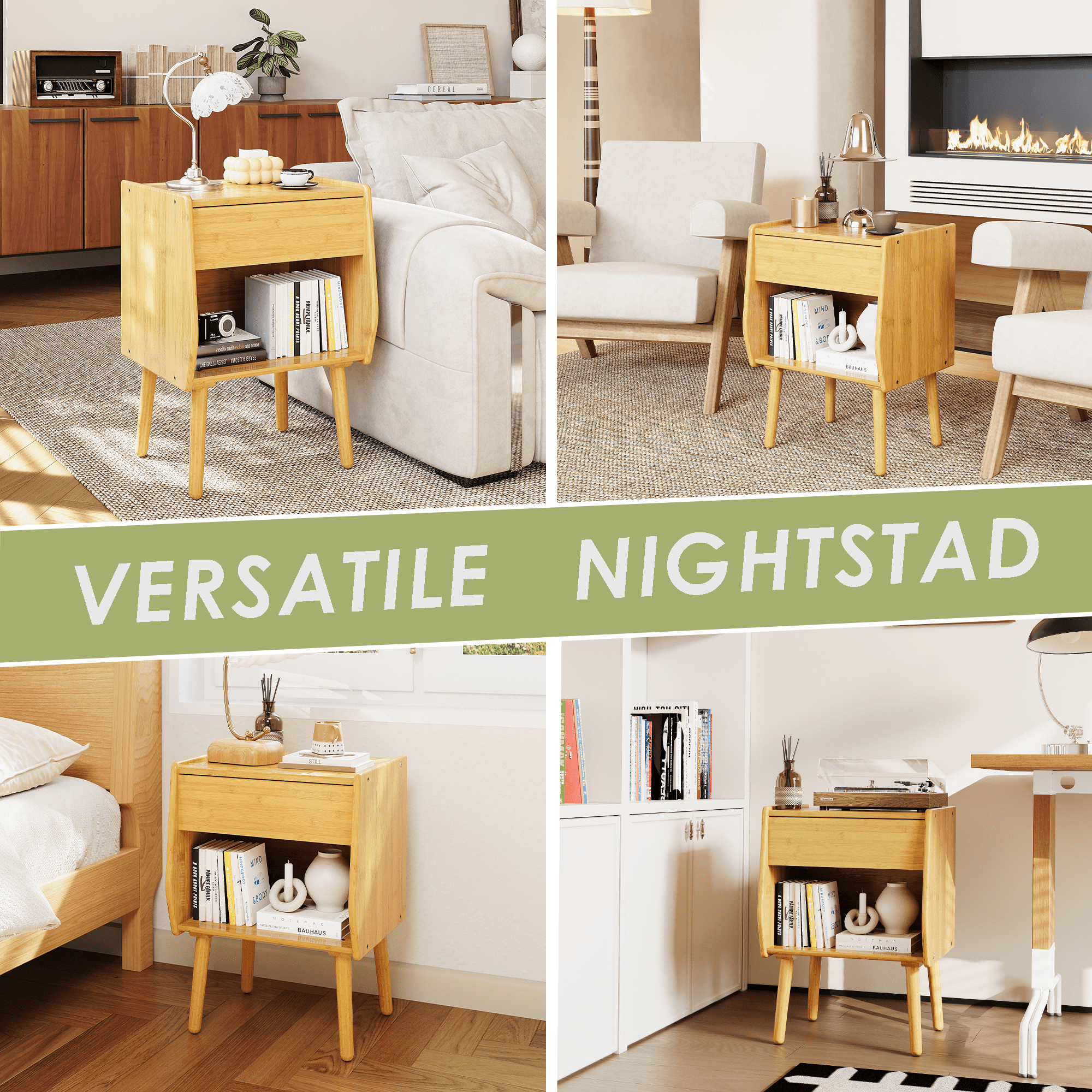 ULIESC Bamboo Nightstand with Drawer, Modern Nightstand with Open Shelf, Natural Wood Bedside Table