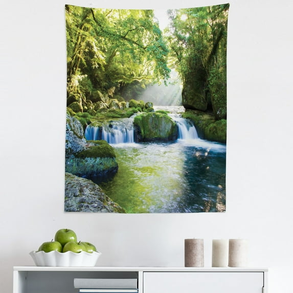 Jungle Tapestry, Foliage Jungle Misty Mountains Waterside River Shaft Sunbeams Image, Fabric Wall Hanging Decor for Bedroom Living Room Dorm, 5 Sizes, Yellow Green Blue, by Ambesonne
