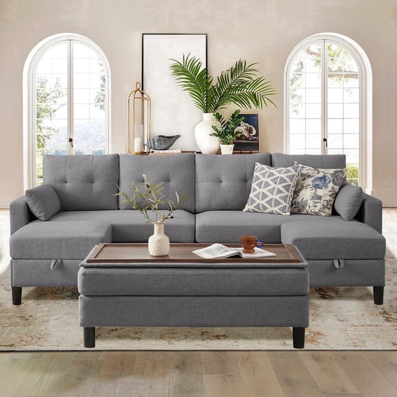 Soscana 101" Sectional Sofa with 3 Storage Ottoman,4 Seat U Shaped Couch with Side Pockets, Modern Linen Sofa Bed with Coffee Table Ottoman for Living Room Apartment Office Studio,Tool Free Assemble