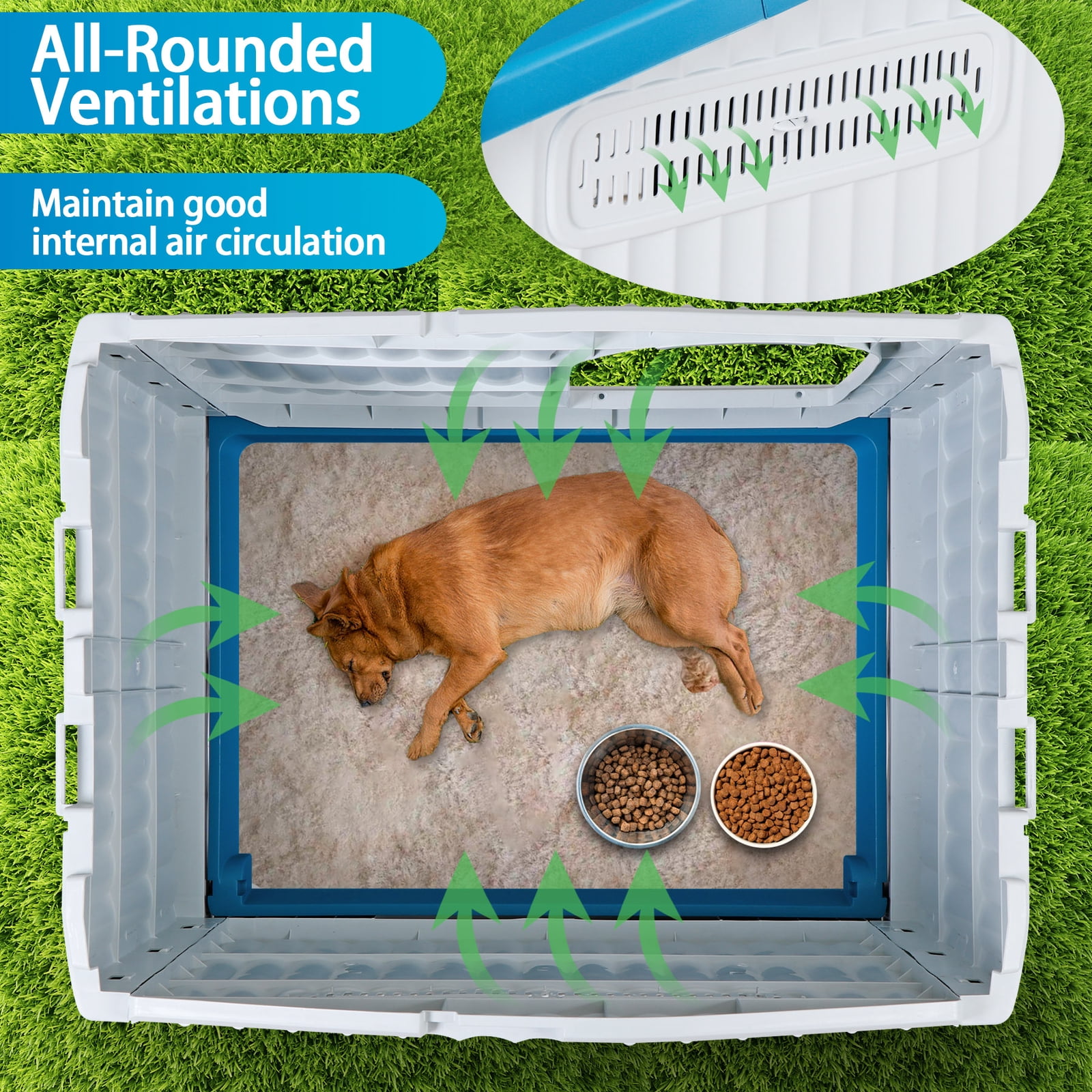 LINJH Plastic Dog House for Indoor/Outdoor Use - Pet Shelter with Liftable Roof & Bar Window - Weatherproof Pet Home for Small to Medium Dogs