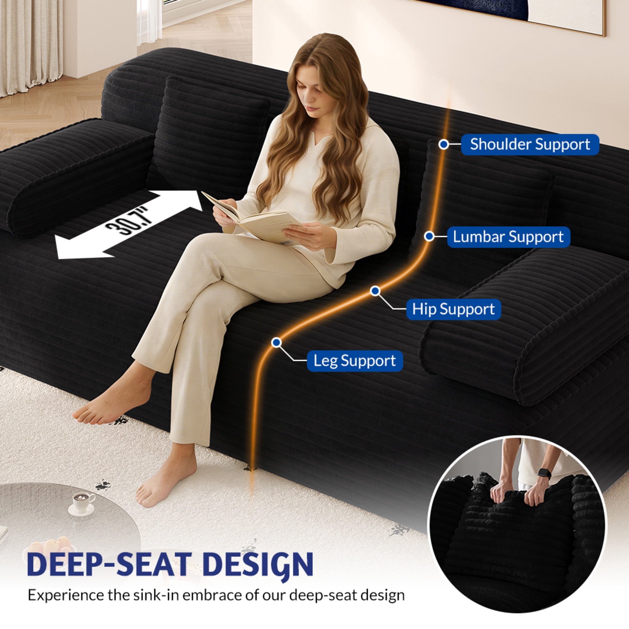 Noble House 79" Frameless Convertible Sofa Bed, 2-in-1 Corduroy 3-Seater Cloud Couch, Small Spaces, Apartments, Black
