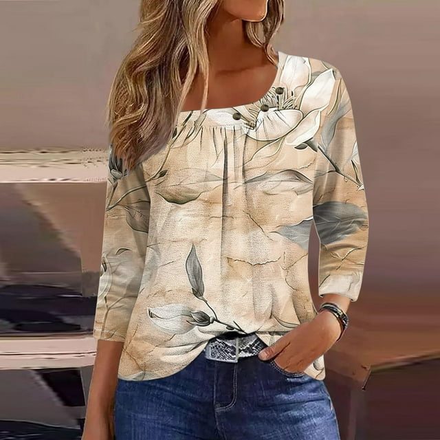 Fiudx Camisas de Mujer Blusa de Manga 3/4 a La Moda para Mujer, Camiseta Estampada, Top Informal