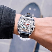 GUANQIN Tonneau Skeleton Tourbillon Automatic Mechanical Men Wrist Watch Business Classic Dress Stainless Steel Leather Sapphire Crystal Waterproof Self-Winding Clock