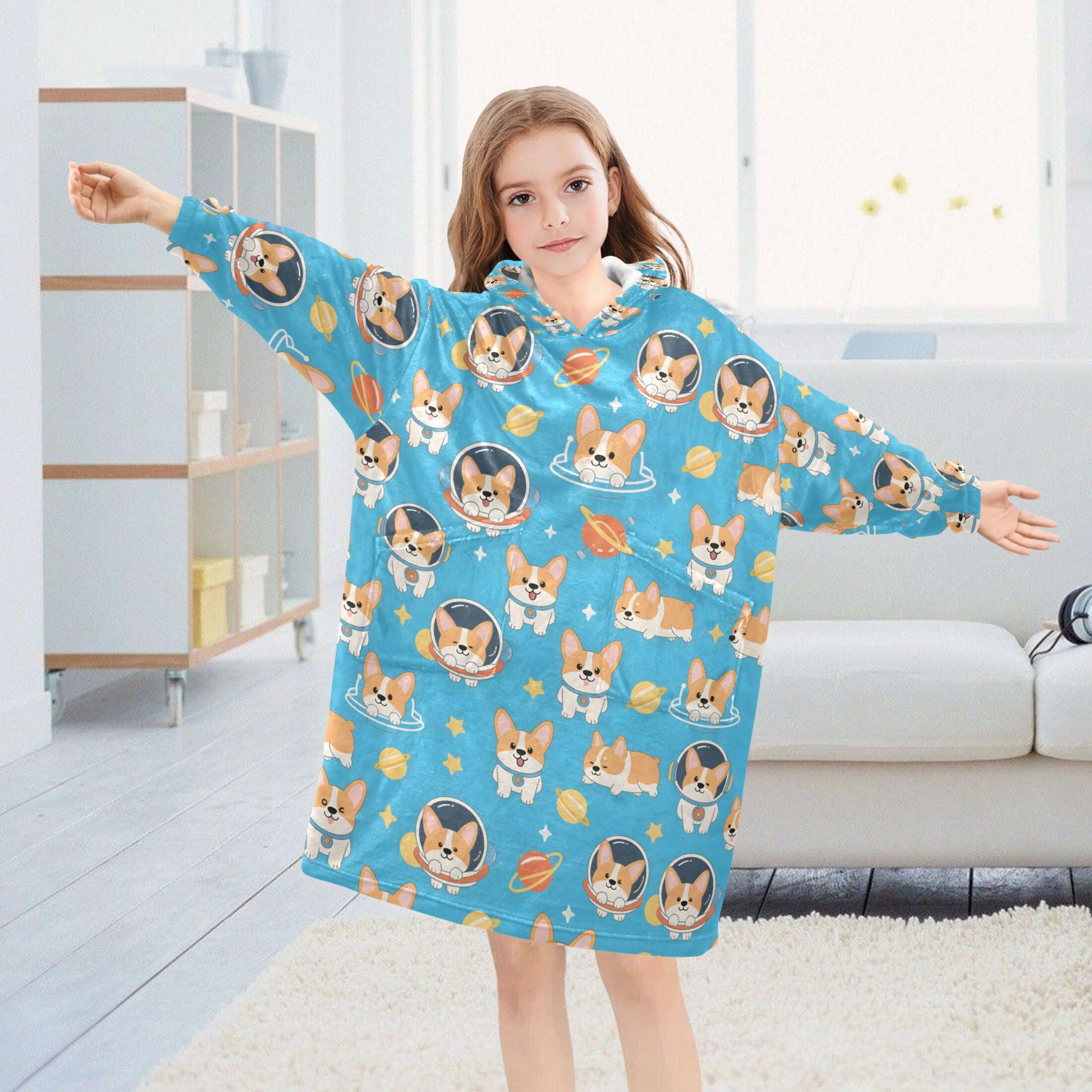 joogoo Blanket Hoodie for Cute Corgi Dog Space Oversize Sweatshirt 3-14 YR L