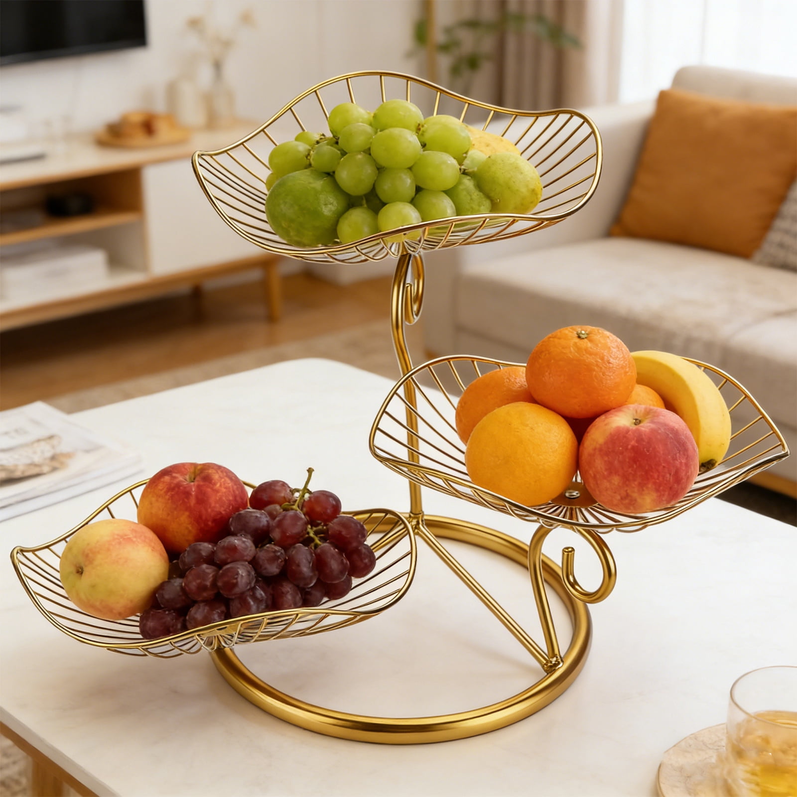 3-Tier Fruit Basket,Detachable Metal Fruit Vegetable Organizer Stand  for Kitchen Counter, Bread, Snacks, Utensils, Gold