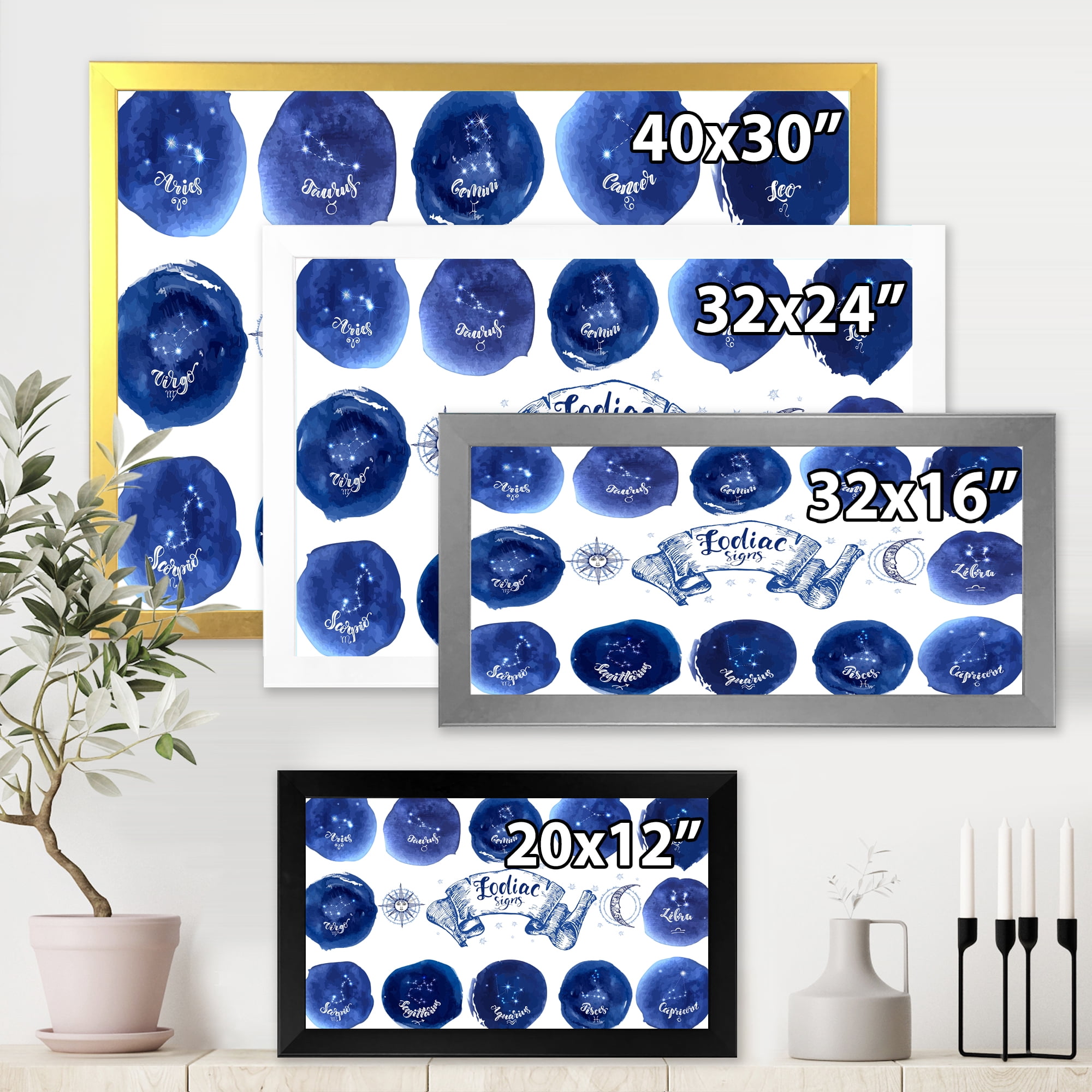 Designart 'Collection of Astrology Signs On Blue Circles' Modern Framed Art Print
