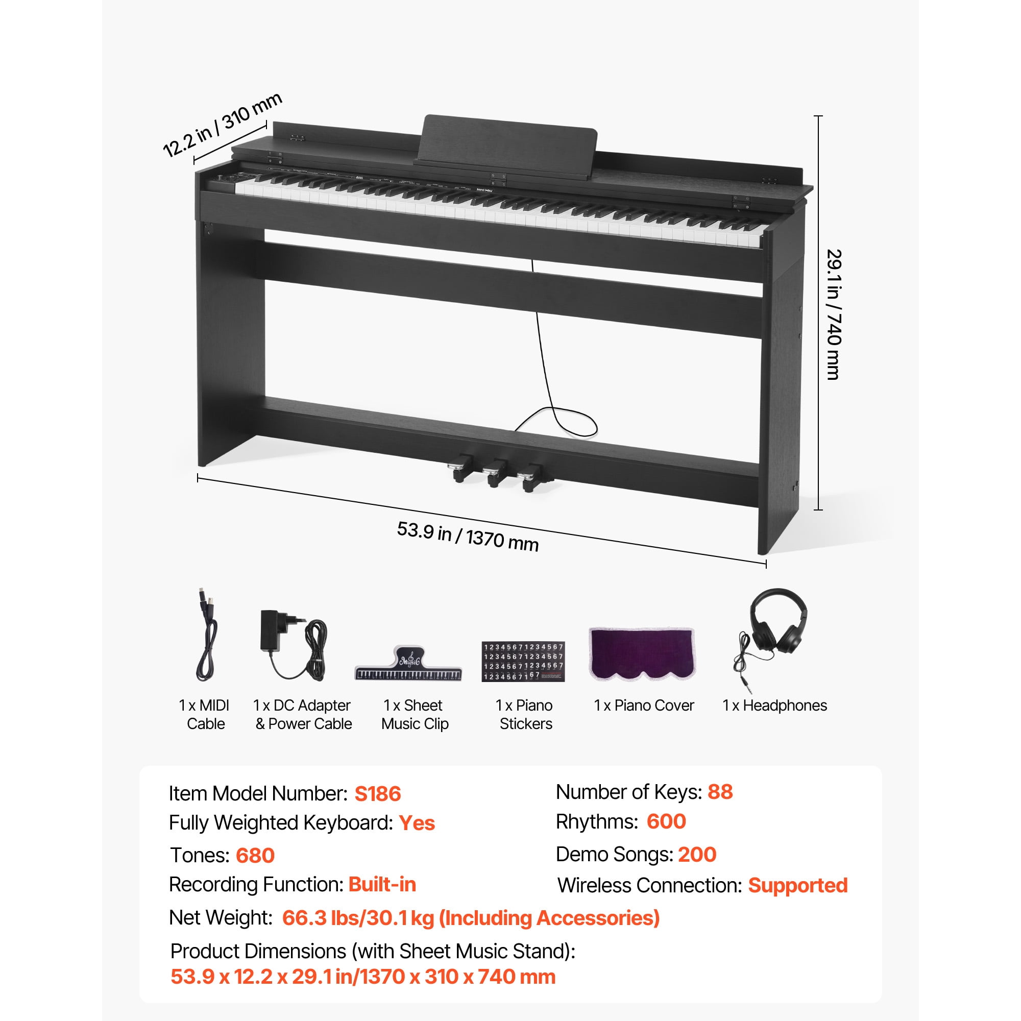 KFFKFF 88-Key Weighted Digital Piano with Stand, Power Adapter, Triple Pedal, 680 Tones, Wireless Connectivity, Headphones, and Accessories for Beginners