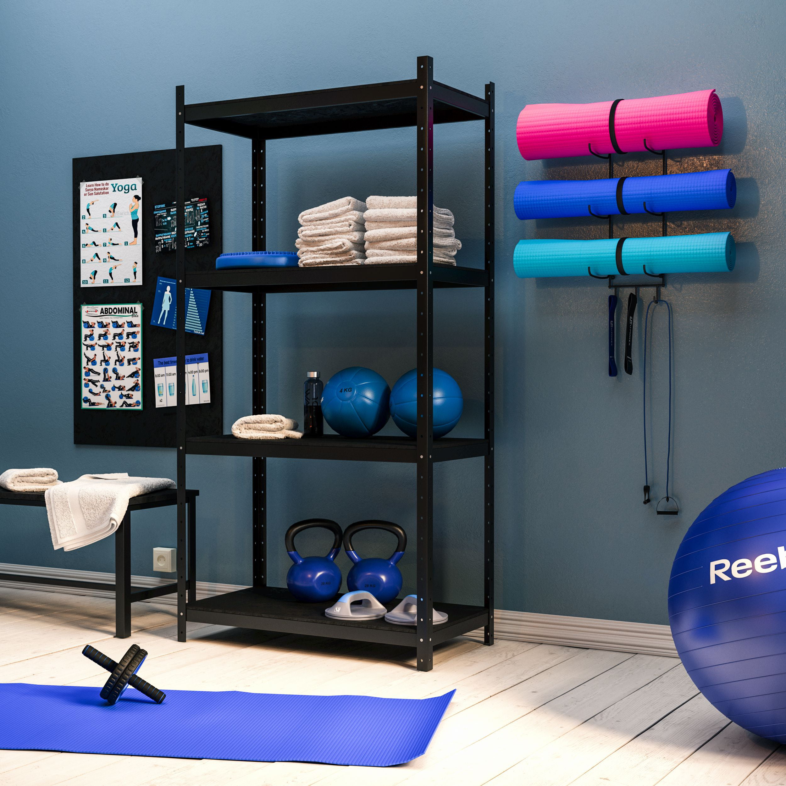 Wall Mounted Yoga Mat Stand and Foam Roller Stand with Hook Black-jkhd
