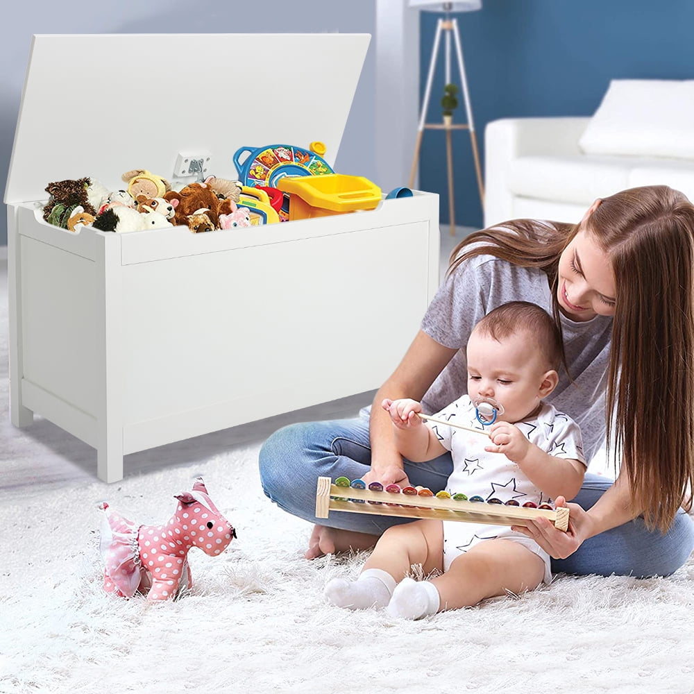 SESSLIFE White Bench Top Toy Box, Toy Storage Box Organizer, Entryway Bench with Lift Top, Toy Storage Chest with 2 Safety Hinges