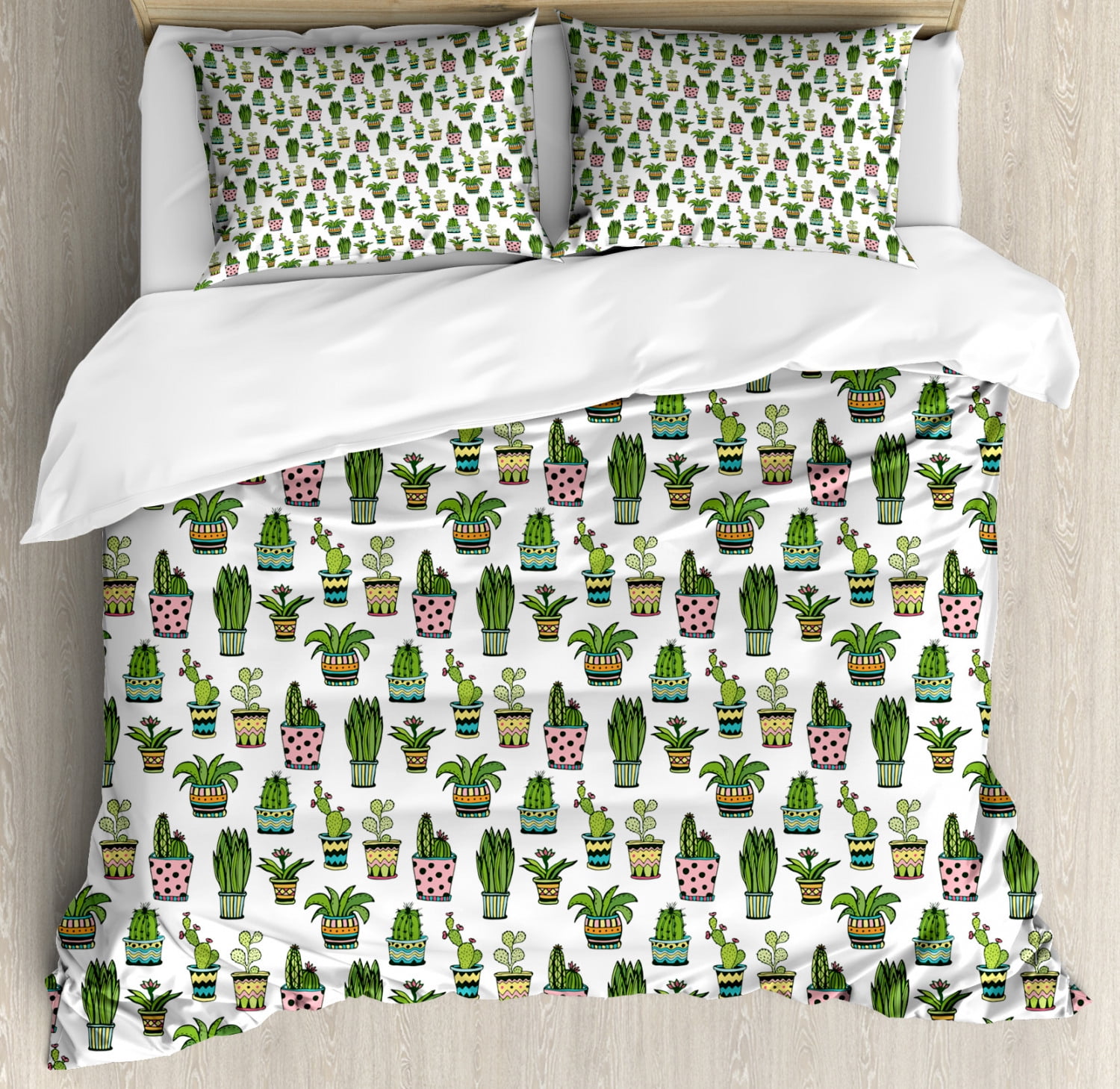 Decorative 3 Piece Bedding Set with 2 Pillow Shams Ambesonne Cactus Duvet Cover Set Pastel Green Queen Size Thorny Vintage Hawaiian Nature Flourishing Succulents and Cactus Bouquets Picture