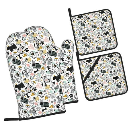 

Tebeau Puppy Print 4 Pcs Oven Mitts and Pot Holders 500°F High Heat Resistant Kitchen Oven Mitts with Pot holders Long Oven Mitts for Baking and Cooking