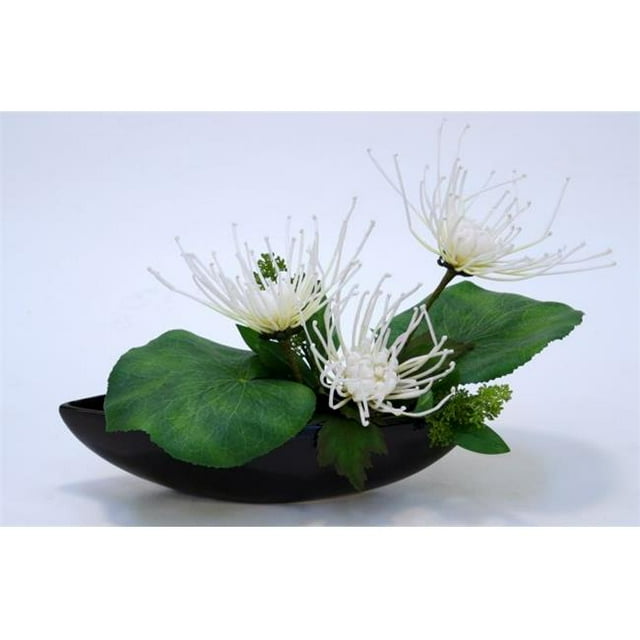 Distinctive Designs 9928 White Fuji Mums in A Black Oval Ceramic Bowl - Neutrals