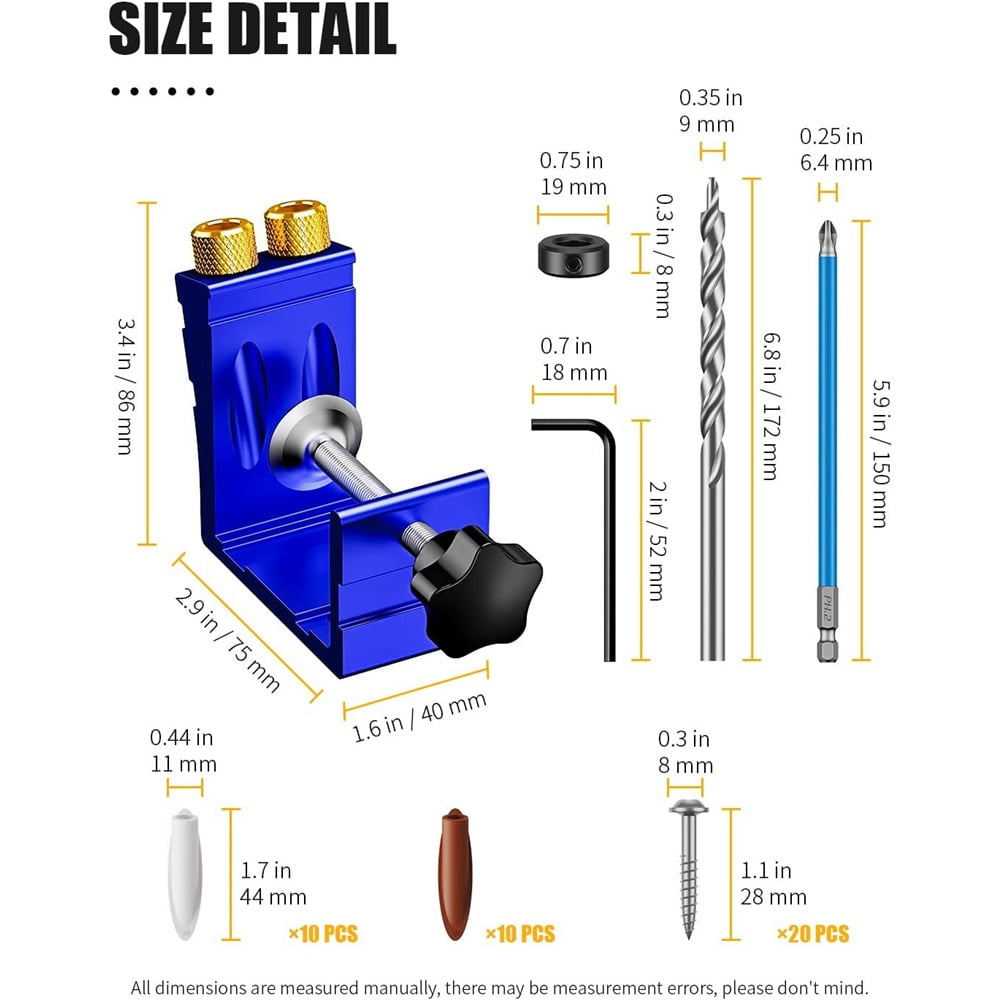 Pocket Hole Jig Kit, Pocket Screw Jig 15 Degree Drilling Locator,Pocket Dowel Hole Jig System Set Wood Joint Angle Tool (Blue)