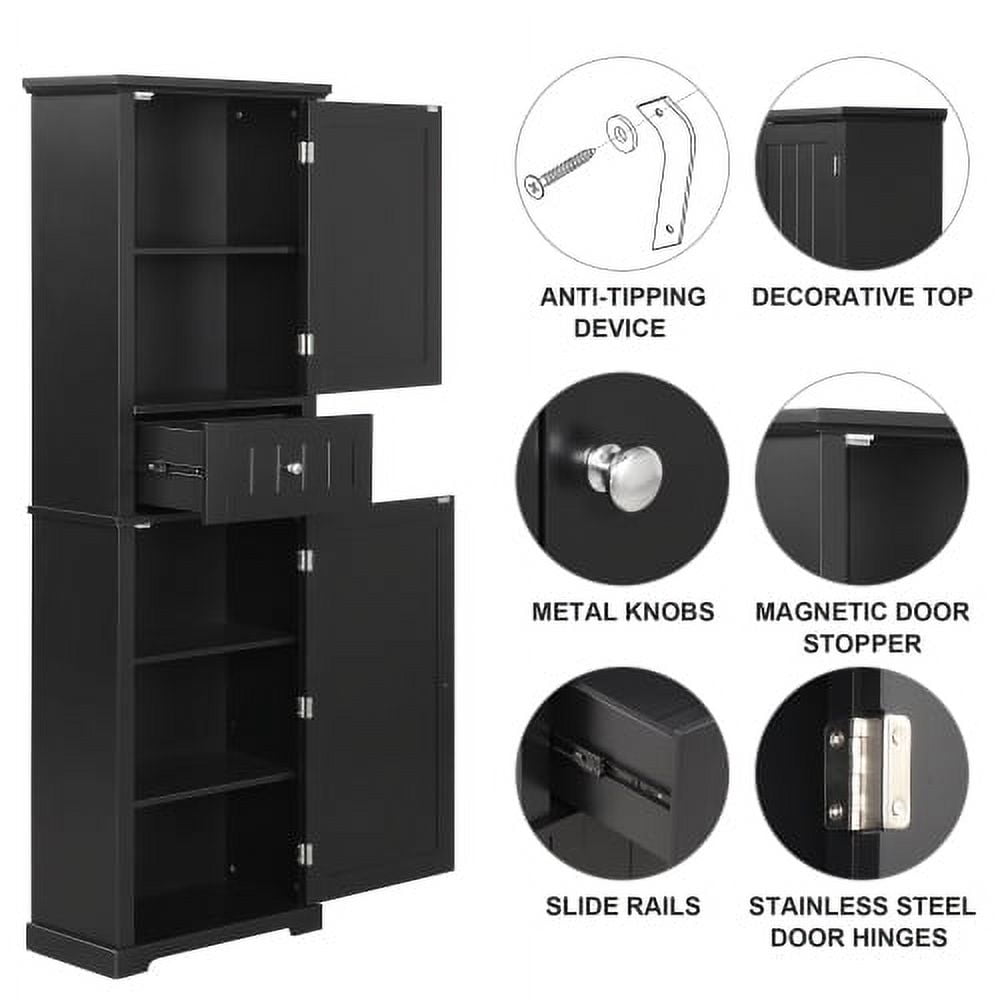 Tall Bathroom Storage Cabinet, 67.3 inch Freestanding Organizers Cabinet with Drawer and Adjustable Shelf for Bathroom, Living Room, Kitchen, Pantry, Black