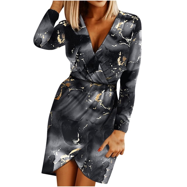 Vestido Ceñido Al Cuerpo Vestido Con Abertura Vestido Adelgazante Estampado Mujeres Con Cuello en V Estampado Adelgazante Manga Larga Nalgas Vestido de Fiesta Con Abertura Odeerbi ODB116163