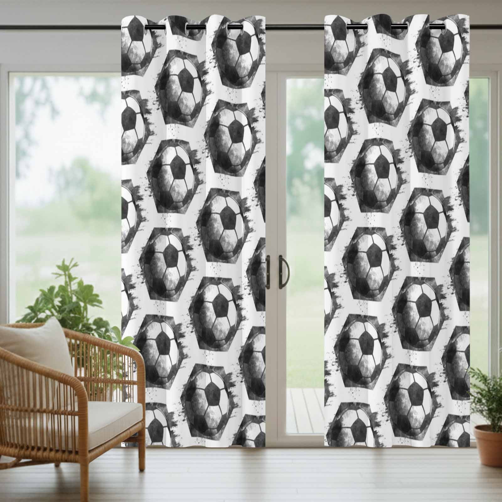 Black Soccer Outdoor Curtains for Patio, Modern Classic Football Match Sport White Wood Grain Sunshade Privacy Drapes Grommet Waterproof Outside Curtains for Porch/Cabana/Balcony 54"x 84", 2 Panel