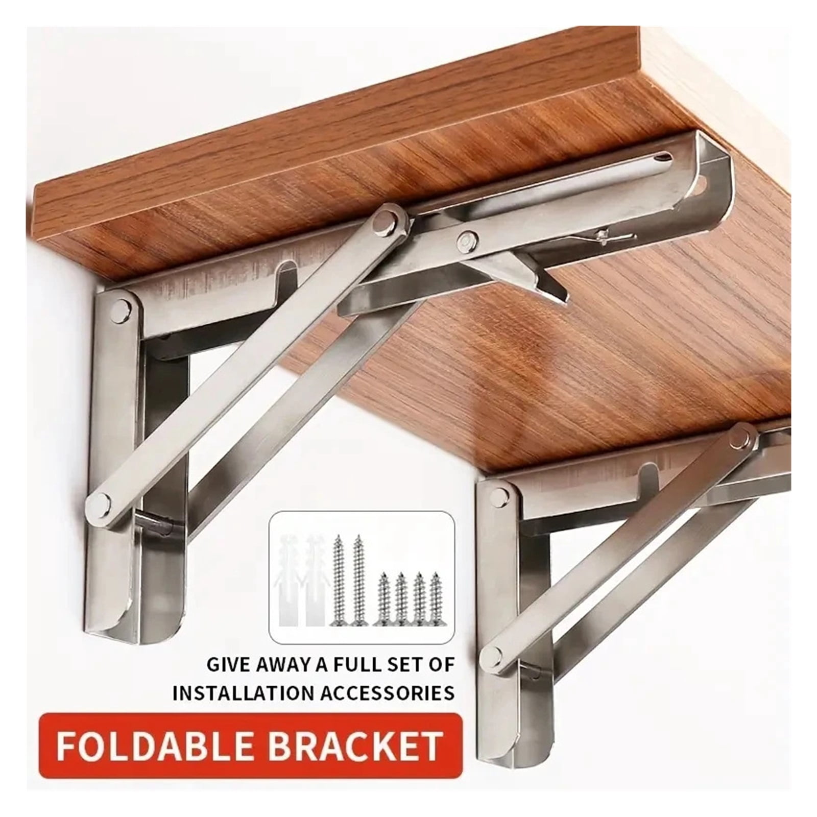 2pcs Heavy Duty Stainless Steel Folding Shelf Brackets Collapsible Wall Mounted L-Table Hinges for Bench Table with Screws
