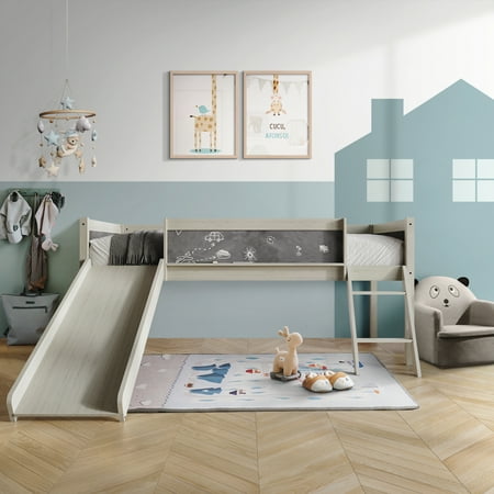 Castle Place Wooden Twin Junior Loft Bed with Chalkboard and Slide, Antique Grey