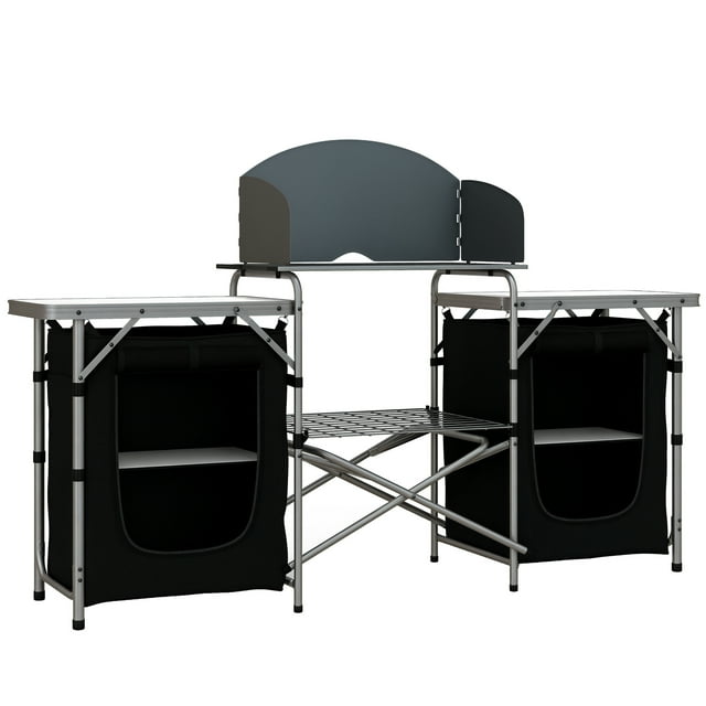 Outsunny Table de Cuisine Pliante de Camping avec Pare-Brise, Cadre en Aluminium